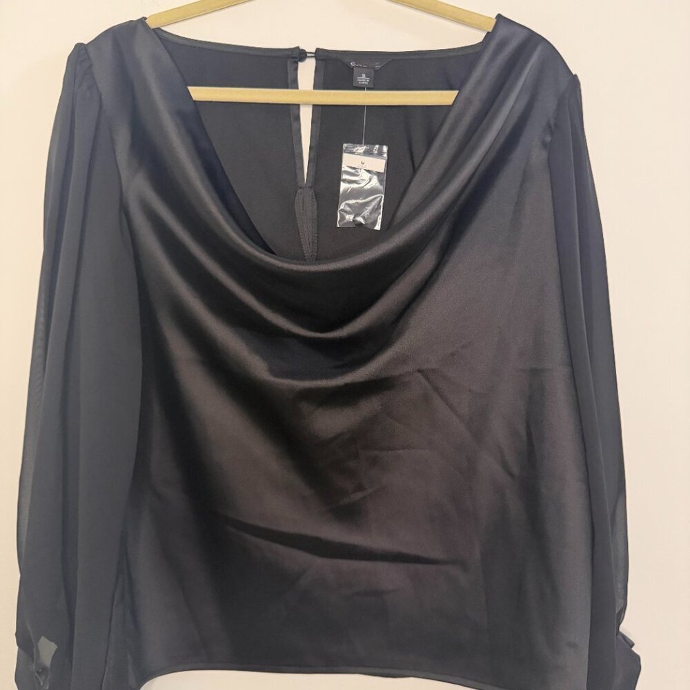 Cache Satin Cowl Neck Long Sleeve Blouse Elegant Minimalist Chic - Small